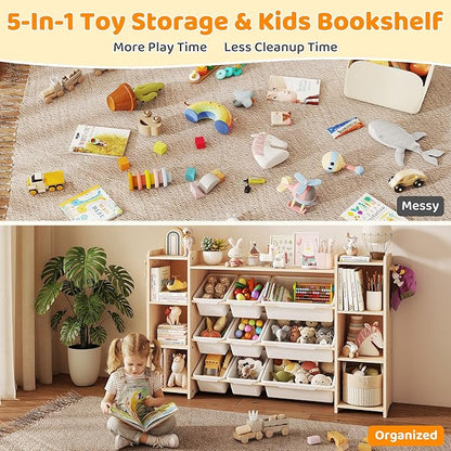 GITAWUSA Toy Storage Organizer, Kids Bookshelf with 6 Shelves, 9 Toy Bins & 6 Hooks | Toy Shelf, Storage Bin Unit, Toy Organization for Playroom, Nursery, Bedroom, Toddler Room | Wood & White