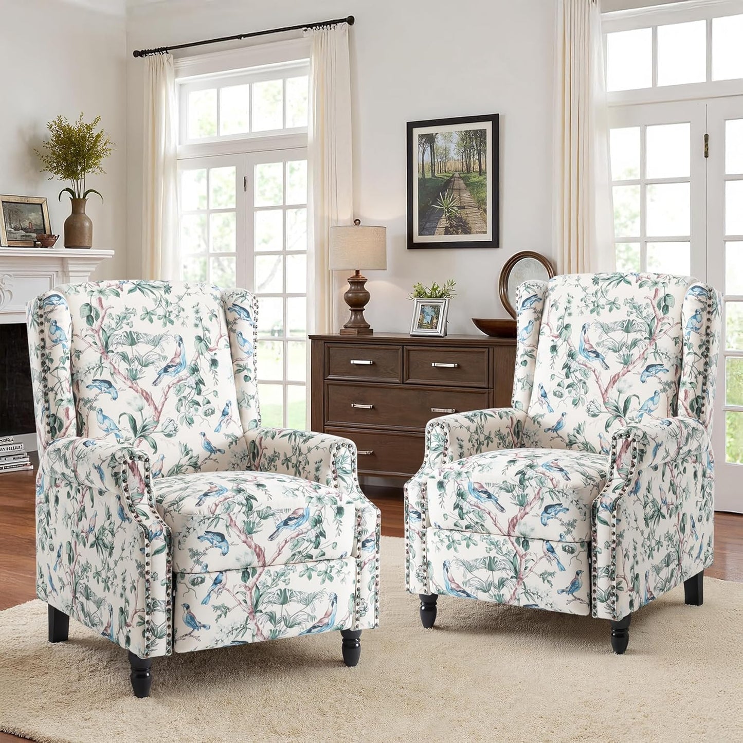 Swivel Rocker Recliner Chair, Manual Nursery Glider Recliner, Floral Fabric Wingback Accent Chair with Adjustable Backrest & Footrest for Small Spaces Living Room Bedroom (Plants Floral, Set of 1)