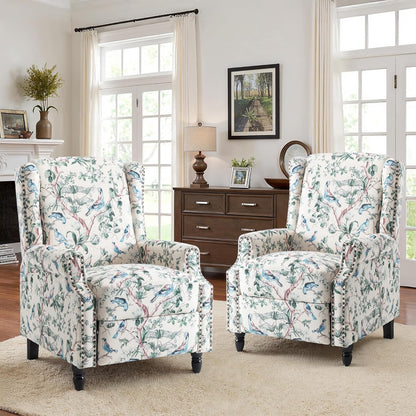 Swivel Rocker Recliner Chair, Manual Nursery Glider Recliner, Floral Fabric Wingback Accent Chair with Adjustable Backrest & Footrest for Small Spaces Living Room Bedroom (Plants Floral, Set of 1)