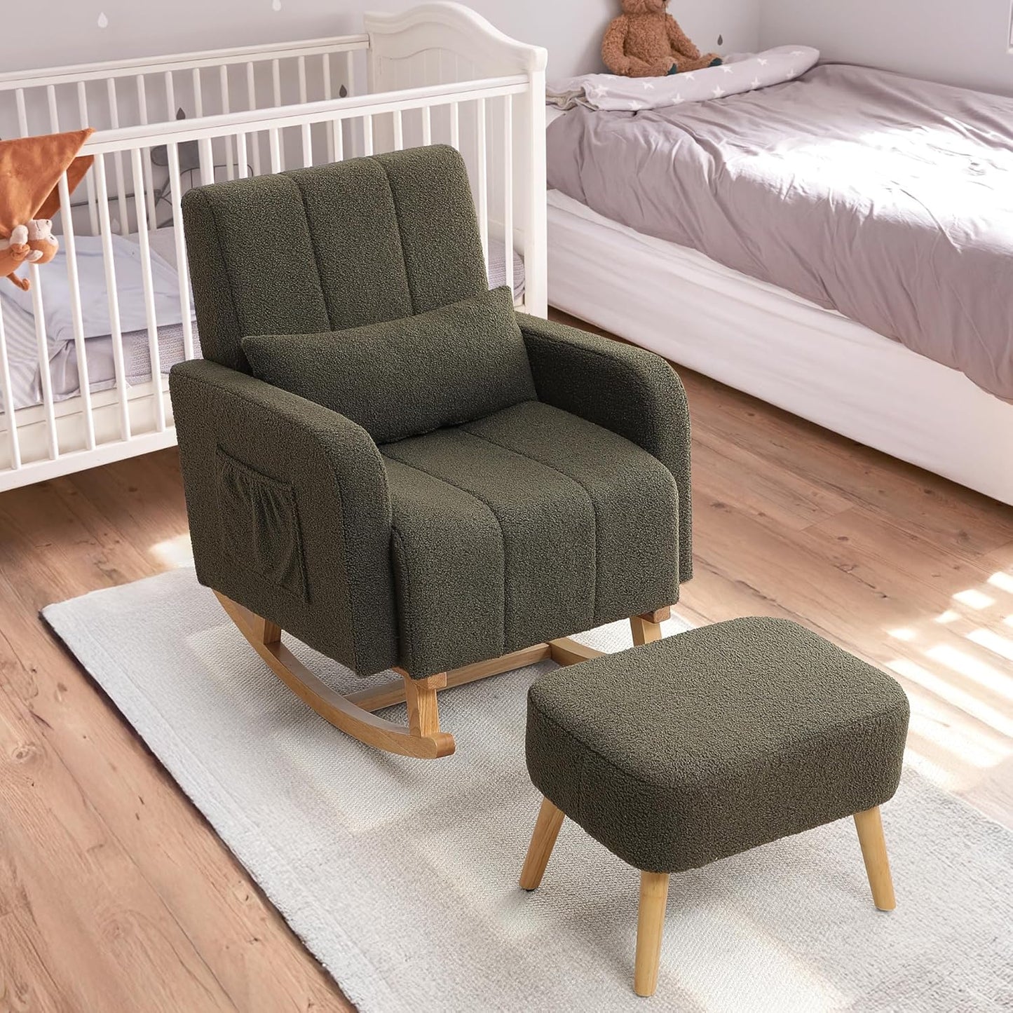 HCHAIRH Nursery Rocking Chair with Ottoman, Upholstered Glider Rocker with High Backrest Side Pocket, Rocking Accent Armchair with Solid Wood Legs for Nursery, Living Room, Bedroom, Light Grey