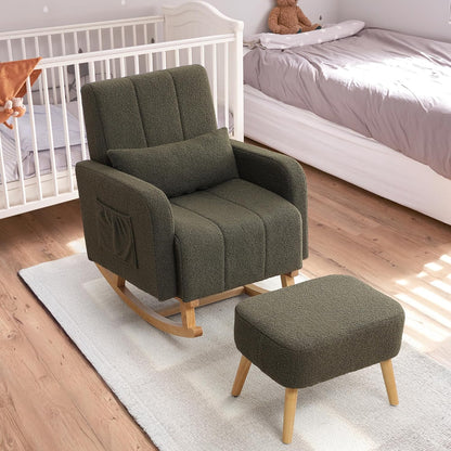 HCHAIRH Nursery Rocking Chair with Ottoman, Upholstered Glider Rocker with High Backrest Side Pocket, Rocking Accent Armchair with Solid Wood Legs for Nursery, Living Room, Bedroom, Light Grey