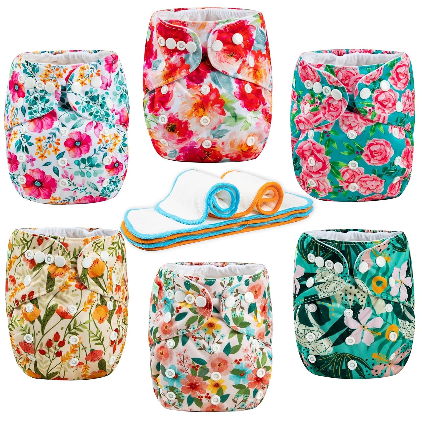 wegreeco Cloth Diapers 6 Pack with 6 Inserts & 1 Wet Bag, Washable Cloth Diapers for Babies, One Size Adjustable Reusable (Flower)