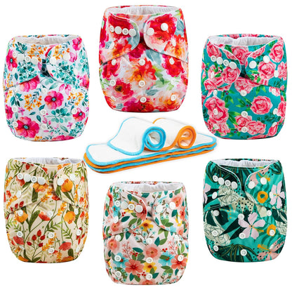 wegreeco Cloth Diapers 6 Pack with 6 Inserts & 1 Wet Bag, Washable Cloth Diapers for Babies, One Size Adjustable Reusable (Flower)