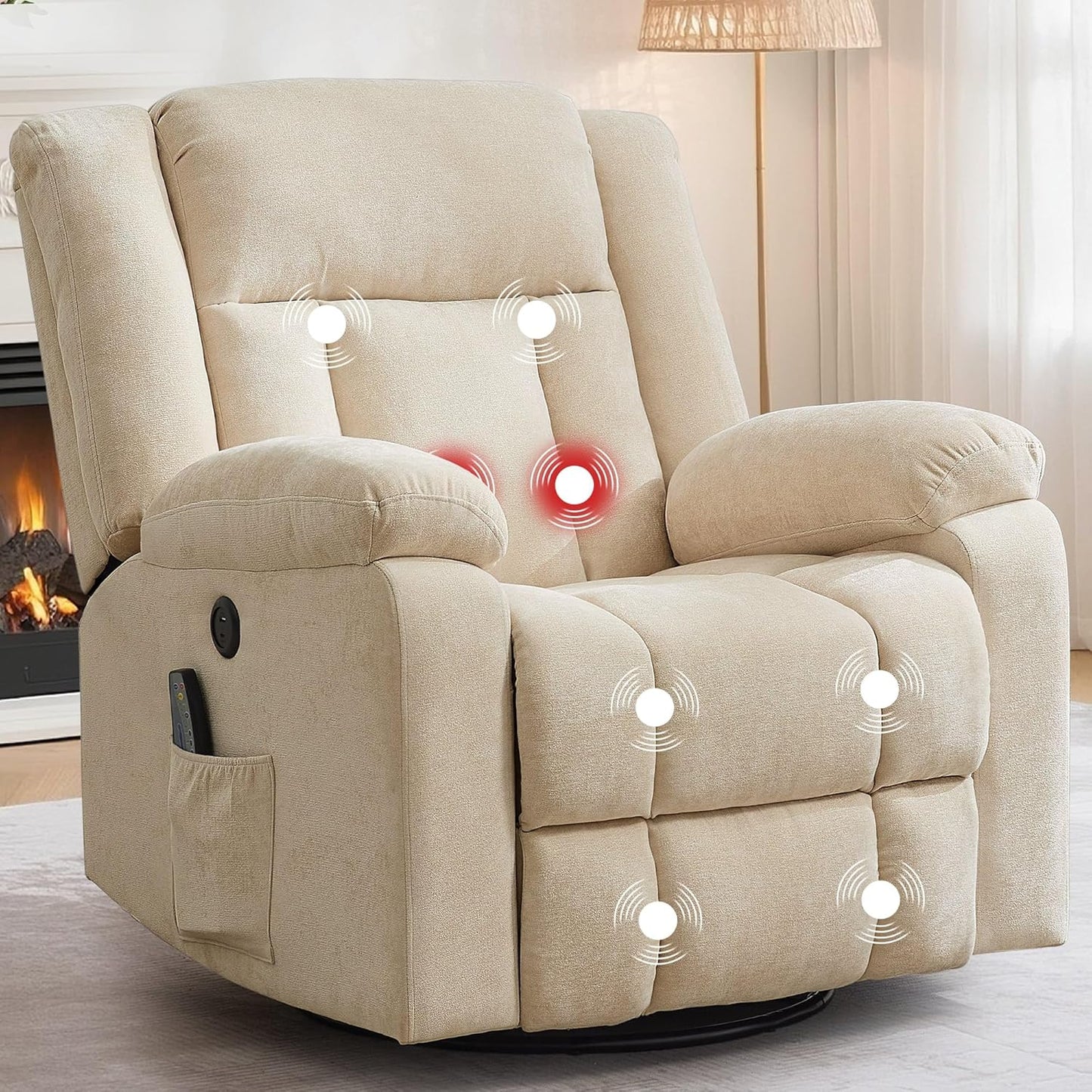 Korser Rocker Recliner, Glider Recliner Chairs for Adults, 360° Swivel Rocking Chair with Massage and Heating, Nursery Chair with Storage and USB Charging for Living Room, Bedroom, Nursery