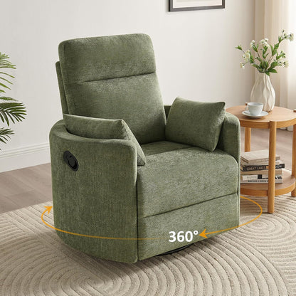 Nursery Rocking Chair, Oversized 360° Swivel Glider Recliner Chair, Upholstered Nursery Rocker with 2 Pillows and Footrest, Cozy Reclining Sofa for Living Room, Bedroom, Nursing, Olive