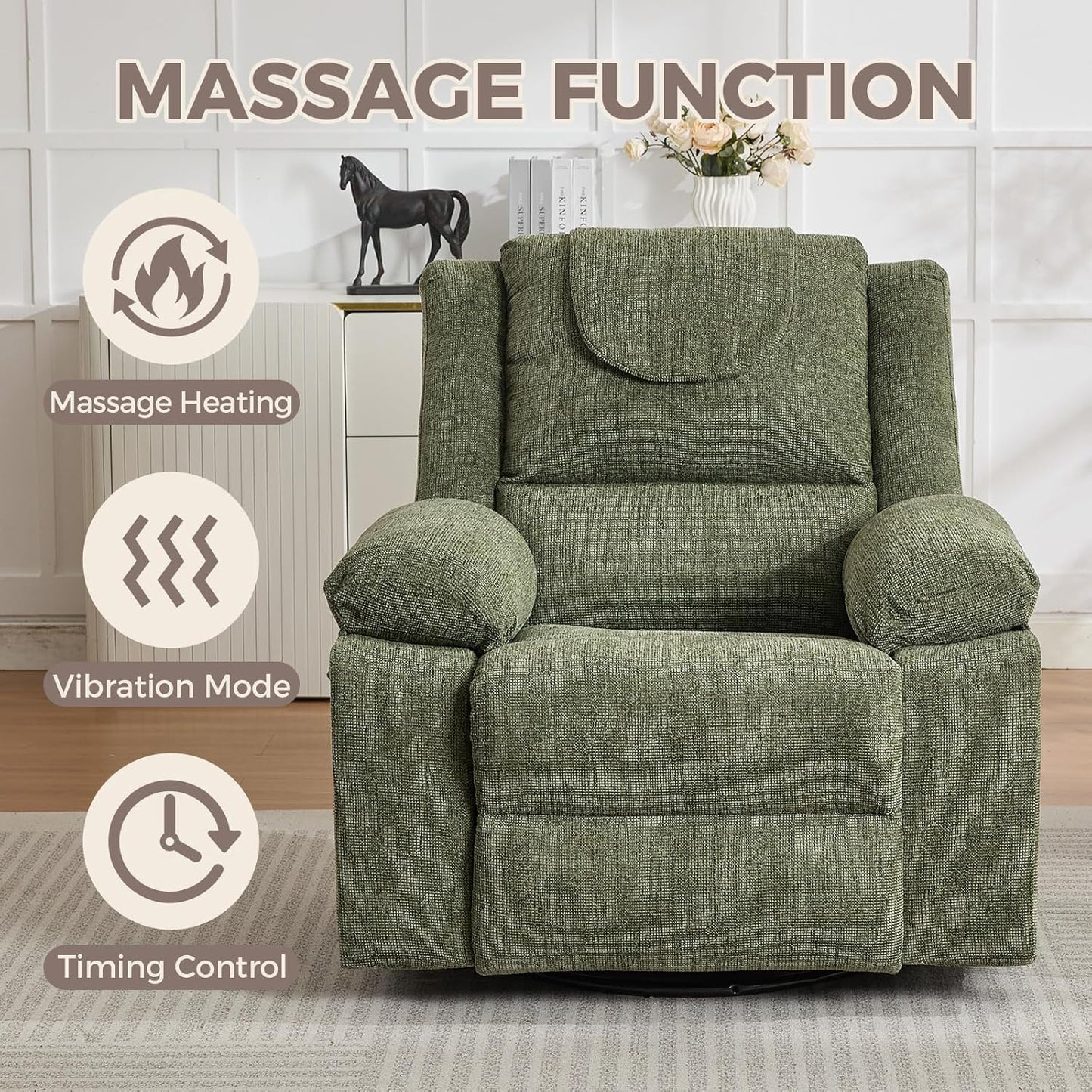 Adults Oversized Rocking Nursery Glider Recliner Chair,360° Swivel Rock Recliner Chairs Single Sofa with Vibration Massage and Heating for Living Room/Bedroom,Blue