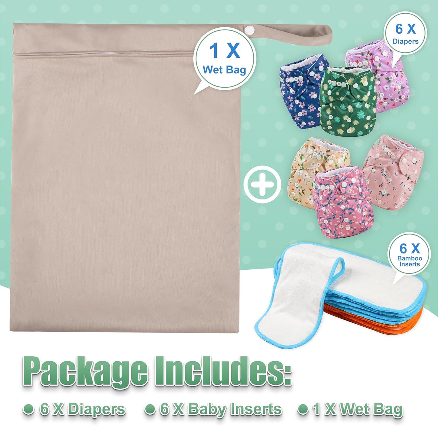 wegreeco Cloth Diapers 6 Pack with 6 Inserts & 1 Wet Bag, Washable Cloth Diapers for Babies, One Size Adjustable Reusable (Flower)