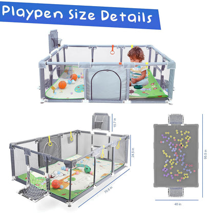 Upgraded Playpen with Enhanced Thick Foldable Mat, Balls, 4 Rings, Storage Bag, Basketball Hoop & Soccer Nets - Play Yard - Sport Playpen - Activity Center - BPA-Free, Non-Toxic, Safe