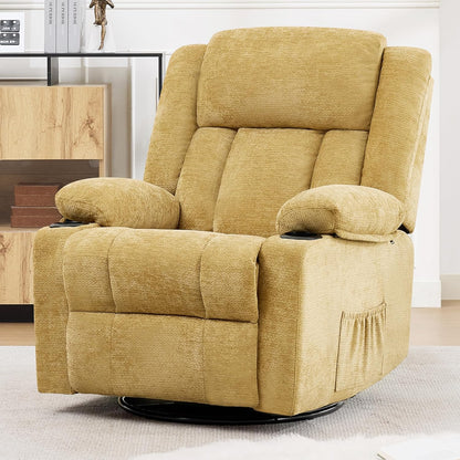 Swivel Rocker Recliner Chair, Lazy Boy Recliner with Cup Holders, 360 Degree Rotating Nursery Rocking Chair, Manual Glider Recliner for Living Room (1, Yellow)