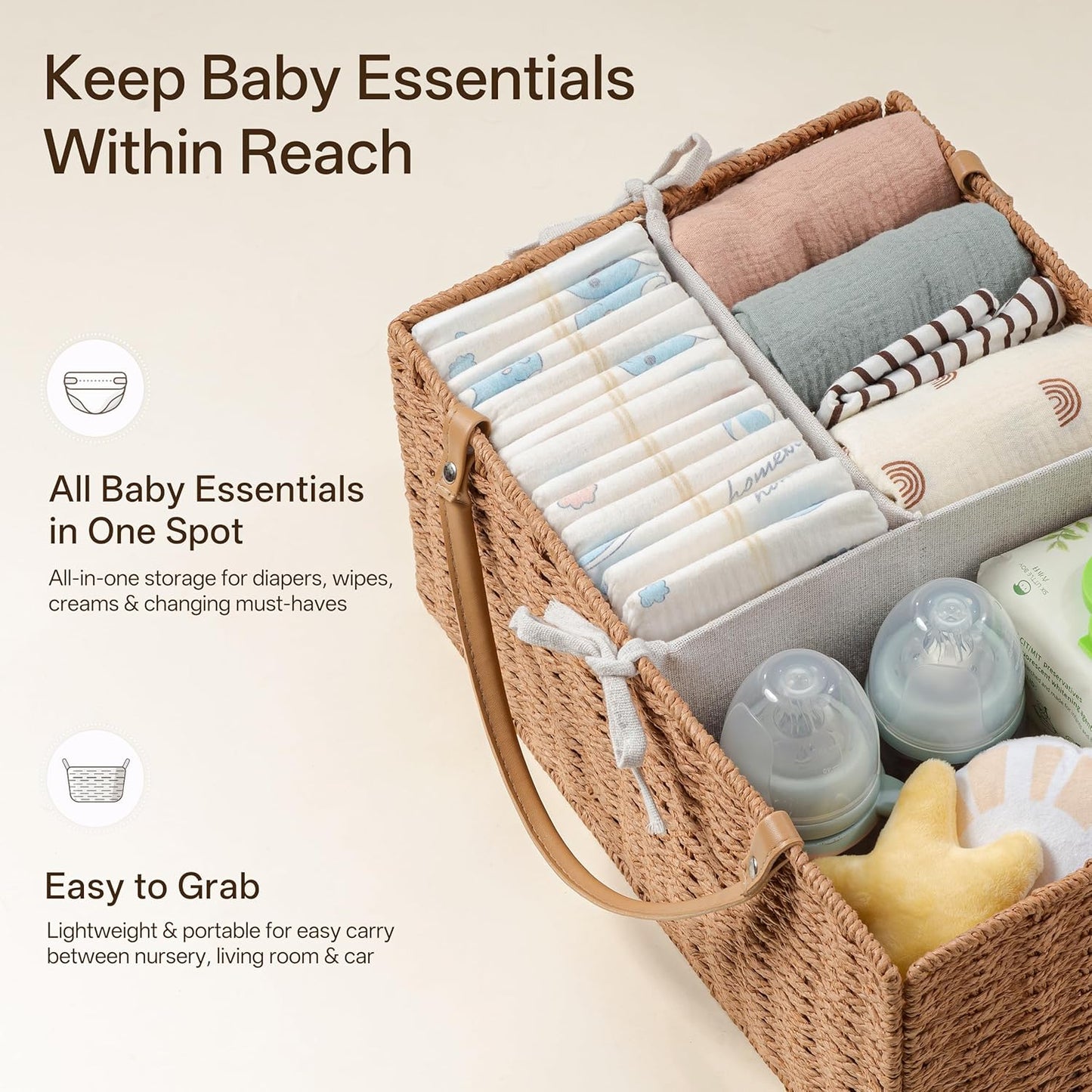 Angelhood Large Paper Rope Diaper Caddy, Baby Essentials Organizer, Portable Baby Shower Baskets Gift Bin, Car Storage Bag for Nursery