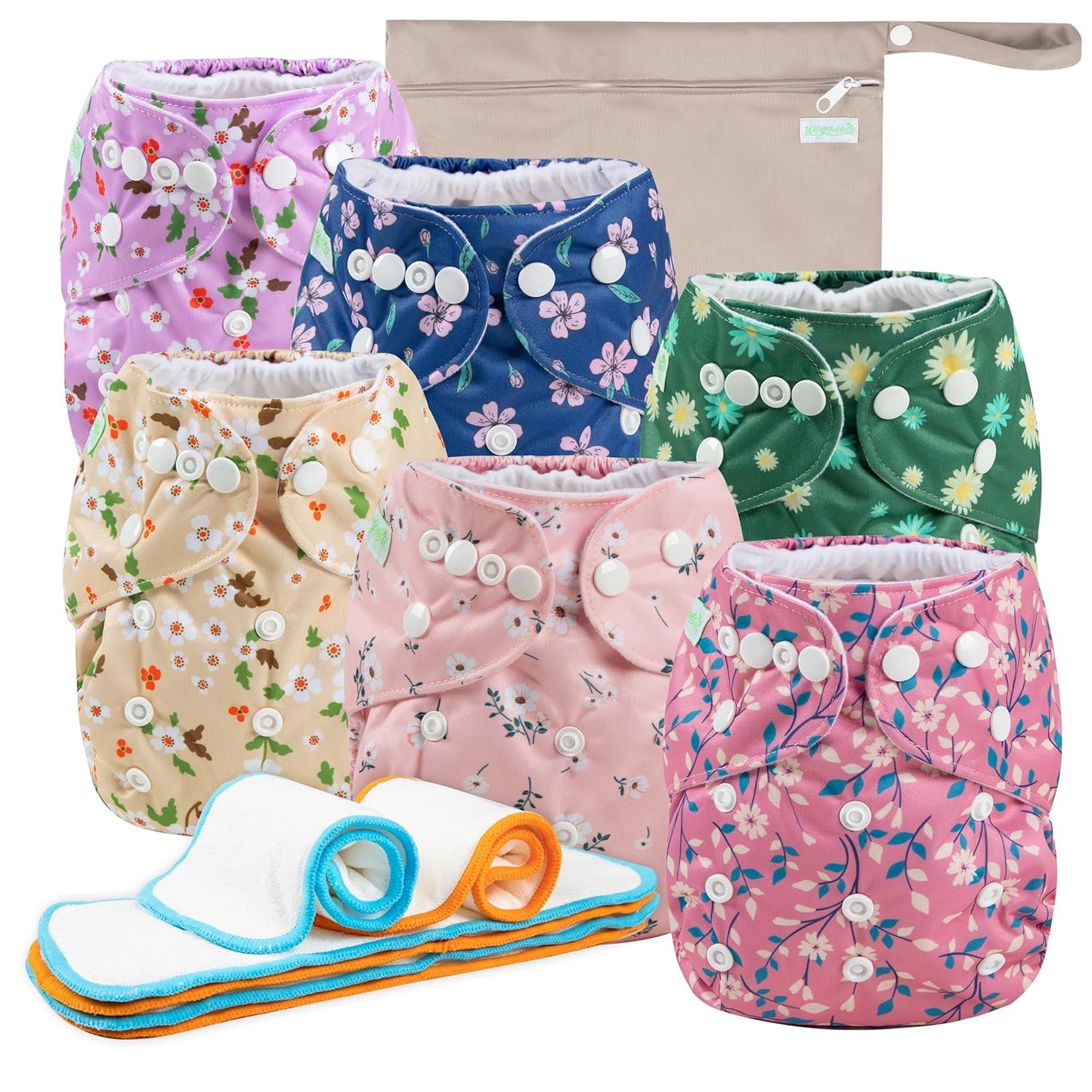 wegreeco Cloth Diapers 6 Pack with 6 Inserts & 1 Wet Bag, Washable Cloth Diapers for Babies, One Size Adjustable Reusable (Flower)