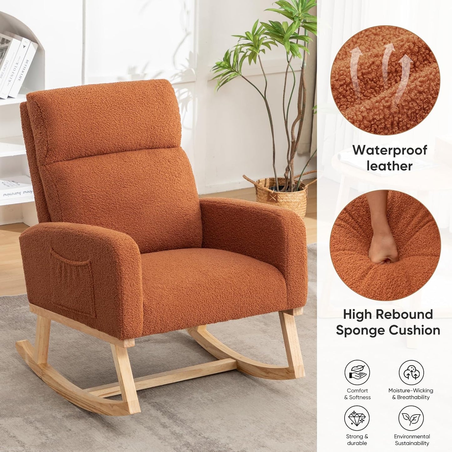 HCHAIRH Rocking Chair Nursery, Upholstered Fabricr Nursing Rocking Chairs with Soft High Back, Modern Nursery Glider Rocker for Mom Living Room, Bedroom, Camel