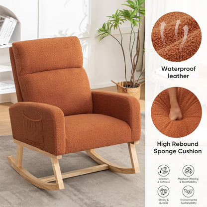 HCHAIRH Rocking Chair Nursery, Upholstered Fabricr Nursing Rocking Chairs with Soft High Back, Modern Nursery Glider Rocker for Mom Living Room, Bedroom, Camel