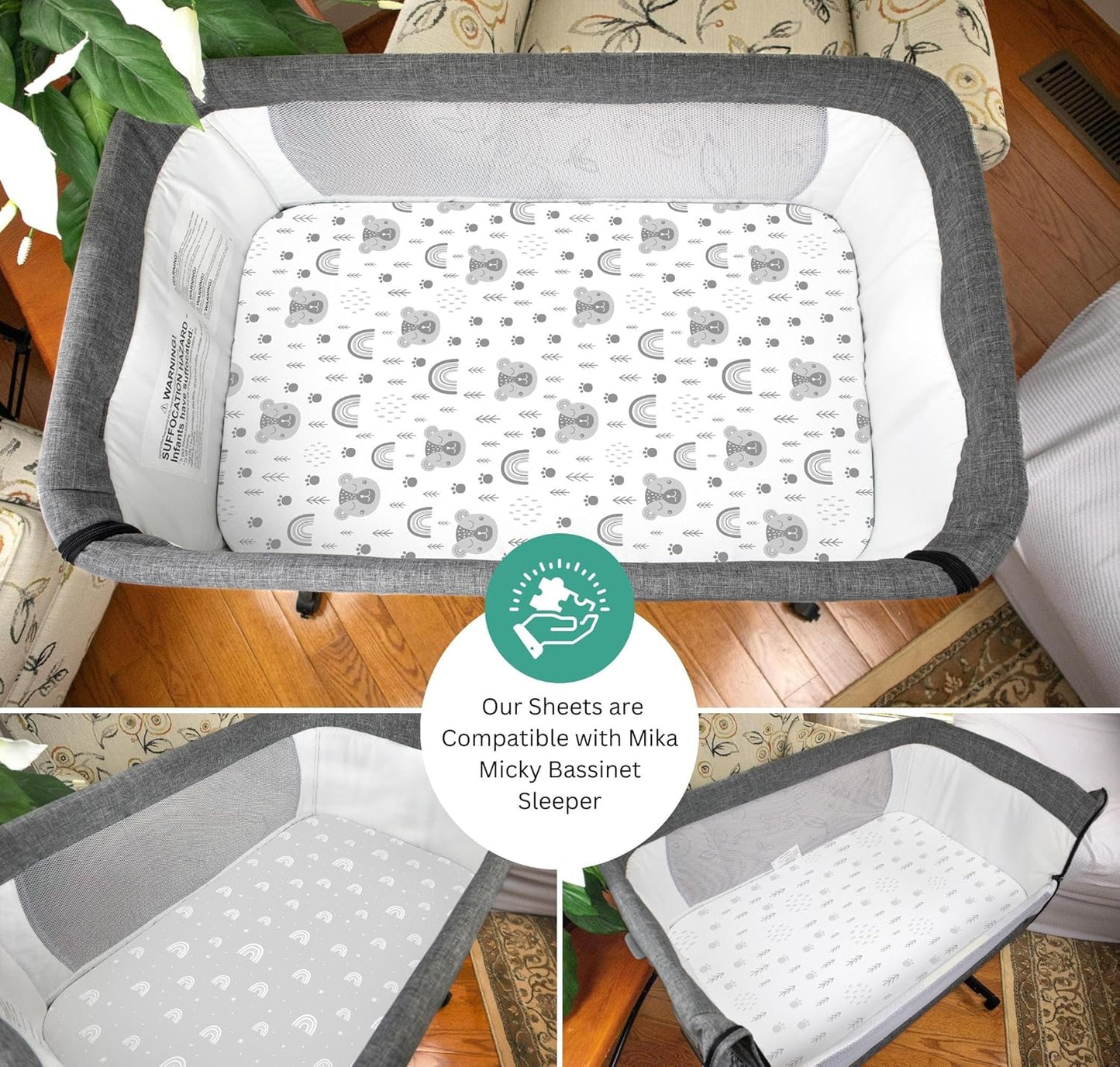 Bassinet Sheets for Papablic, CoZee, Cowiewie, Ezebaby, Nawahev Baby Bassinet Bedside Sleeper by TansyPanda, 3PC, 33x20, Ultra Soft, Breathable Snug Fit, Unisex Boys Girls, Gray White (Space Rockets)