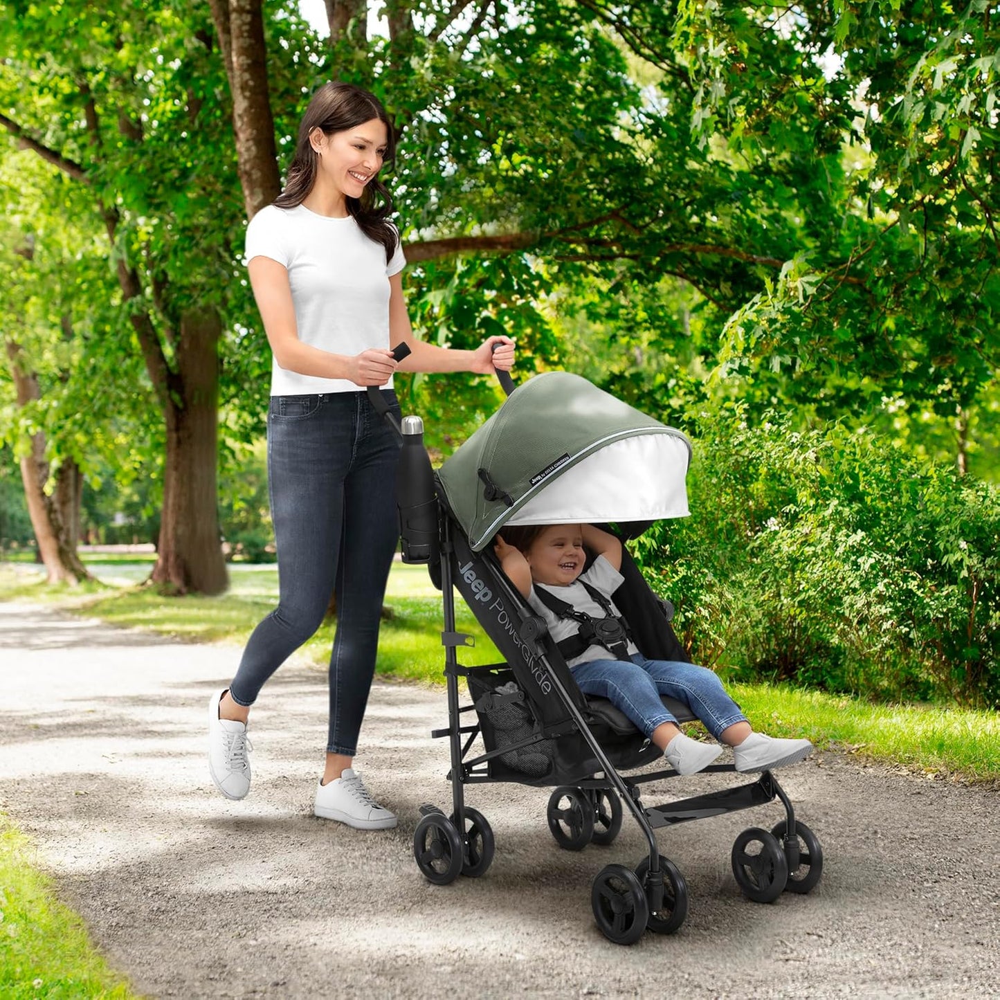Jeep AdventureGlyde Stroller by Delta Children - Lightweight Travel Stroller with Smoothest Ride & Compact Fold, 3-Position Recline, Extra Large Storage Basket, Black/Grey
