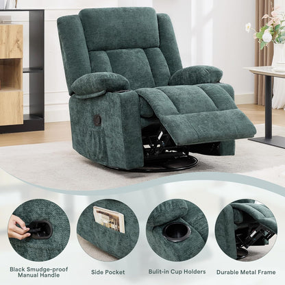 Swivel Rocker Recliner Chair, Lazy Boy Recliner with Cup Holders, 360 Degree Rotating Nursery Rocking Chair, Manual Glider Recliner for Living Room (1, Yellow)