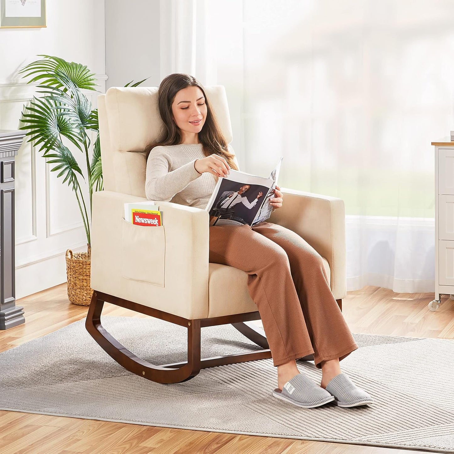 Topeakmart Nursery Rocking Chair, PU Leather Modern Accent Chair with Wood Legs Side Pocket Armchair Glider Rocker for Nursery Living Room Bedroom Lounge, Brown