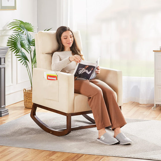 Topeakmart Nursery Rocking Chair, PU Leather Modern Accent Chair with Wood Legs Side Pocket Armchair Glider Rocker for Nursery Living Room Bedroom Lounge, Brown