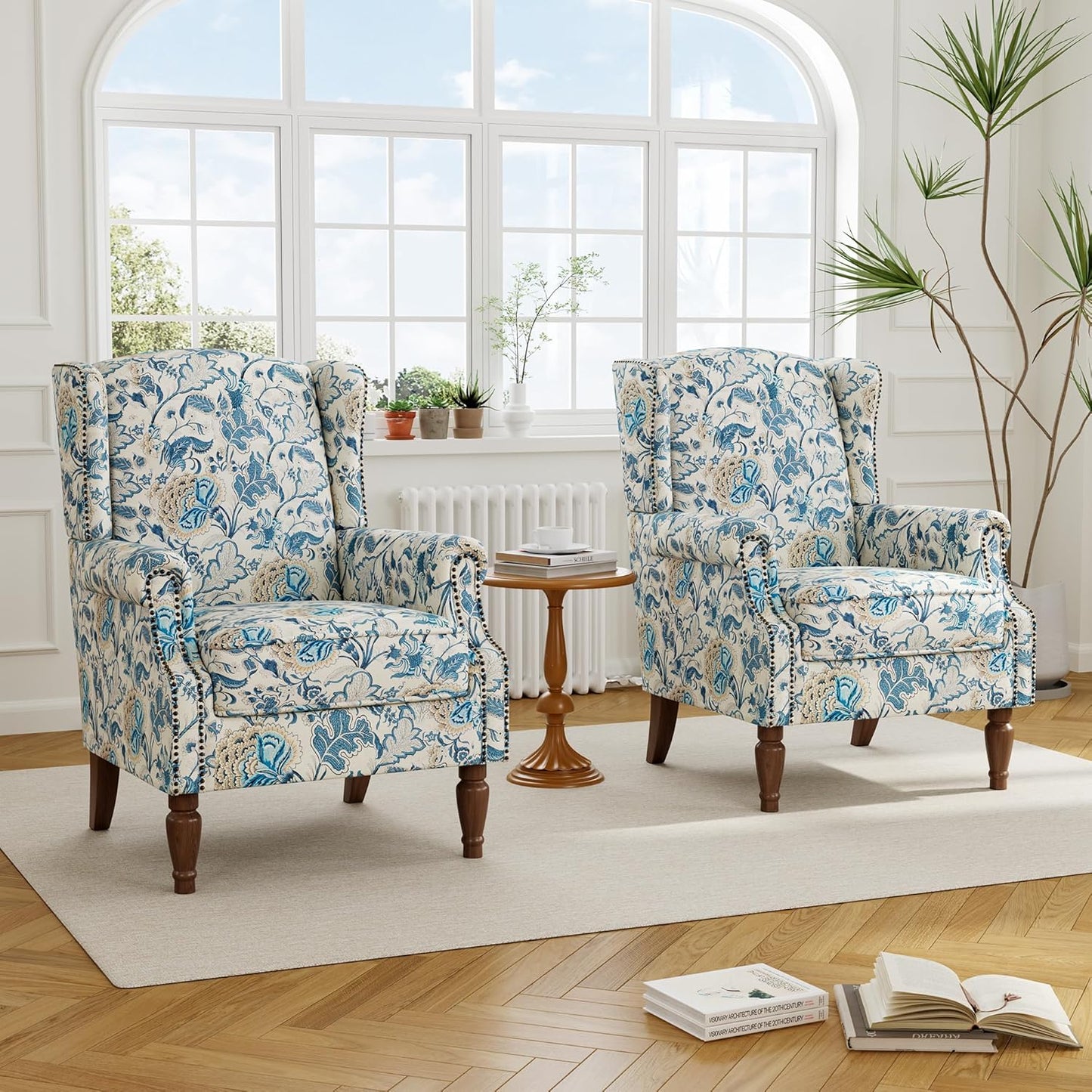 Swivel Rocker Recliner Chair, Manual Nursery Glider Recliner, Floral Fabric Wingback Accent Chair with Adjustable Backrest & Footrest for Small Spaces Living Room Bedroom (Plants Floral, Set of 1)