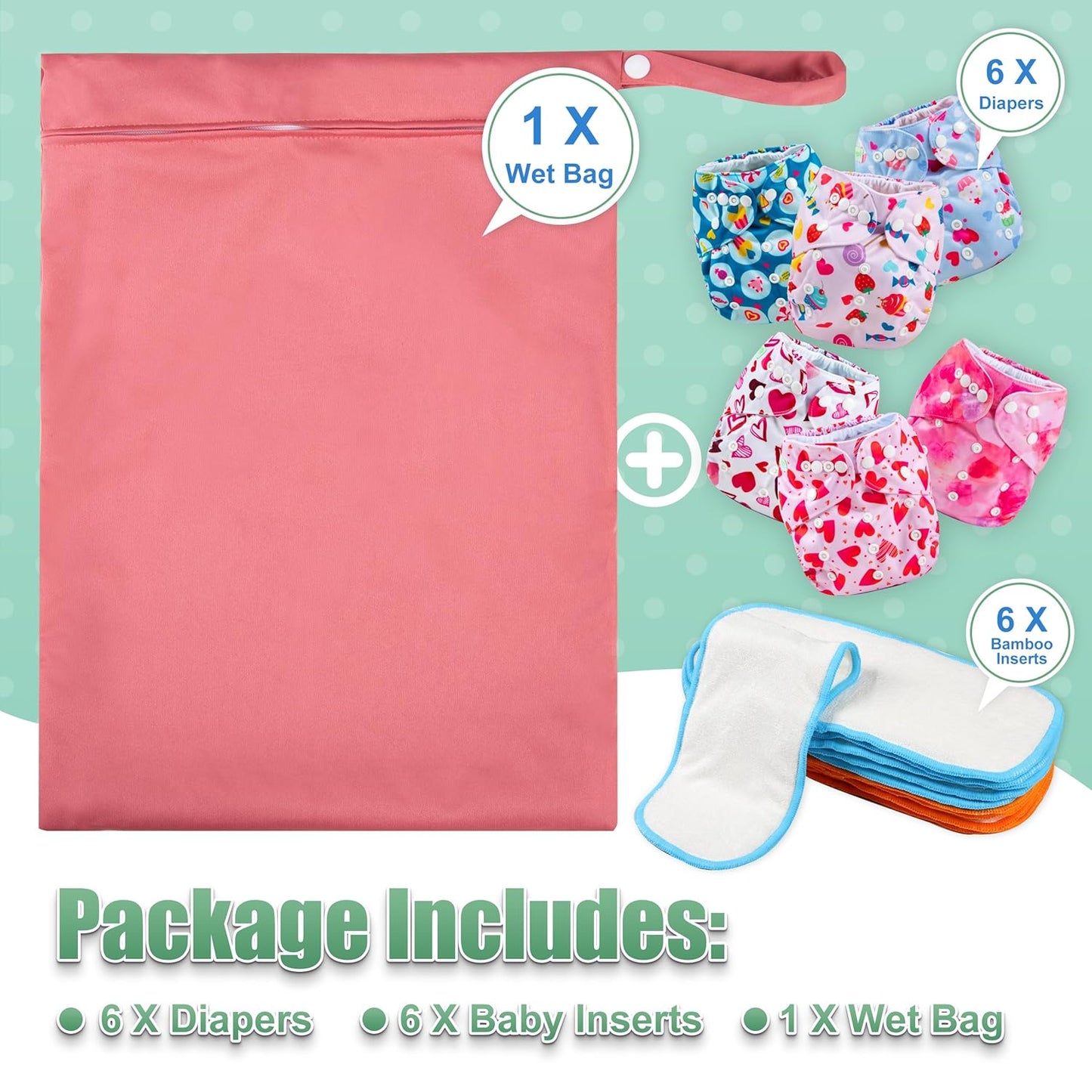wegreeco Cloth Diapers 6 Pack with 6 Inserts & 1 Wet Bag, Washable Cloth Diapers for Babies, One Size Adjustable Reusable (Flower)