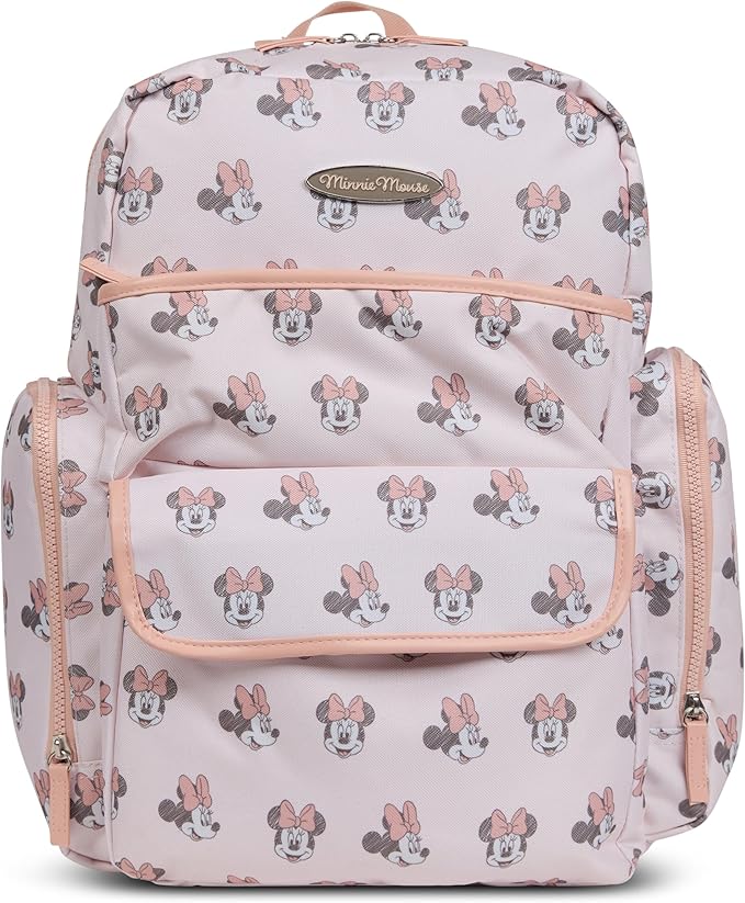 Disney Diaper Bag Backpack with Changing Pad Minnie Mouse – 16” Nylon Baby Bag for Parents, Insulated Bottle Holders, Multiple Storage Pockets
