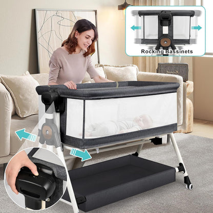 VOOI Baby Bassinet Bedside Sleeper, 3 in 1 Rocking Bassinet for Baby, Bassinet Bedside Sleeper with Wheels, Adjustable Height, Storage Basket, Mattress & Canopy, Bed Side Bassinet for Newborn