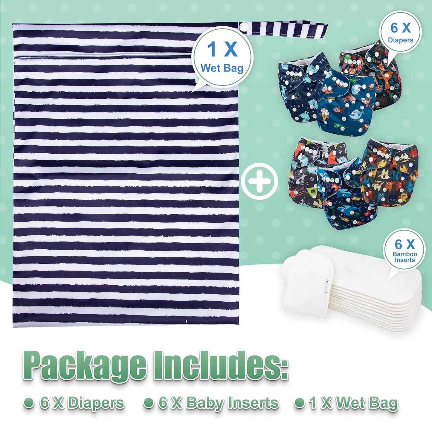 wegreeco Cloth Diapers 6 Pack with 6 Inserts & 1 Wet Bag, Washable Cloth Diapers for Babies, One Size Adjustable Reusable (Flower)