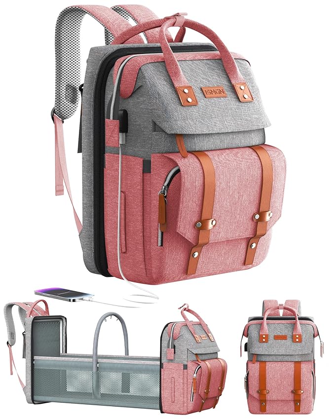 ISMGN Diaper Bag Backpack with Changing Station, Large Diaper Bag, Baby Bag with Changing Station, Pink Diaper Bag, Pinkgray
