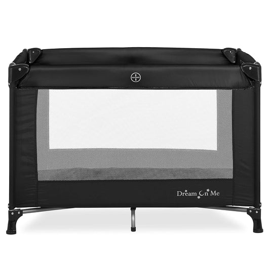 Dream On Me Nest Portable Playard in Black with Carrybag an Shoulder Strap, Lightweight, Packable and Easy Setup Baby Playard, Breathable Mesh Sides and Soft Fabric - Comes with a Removable Padded Mat