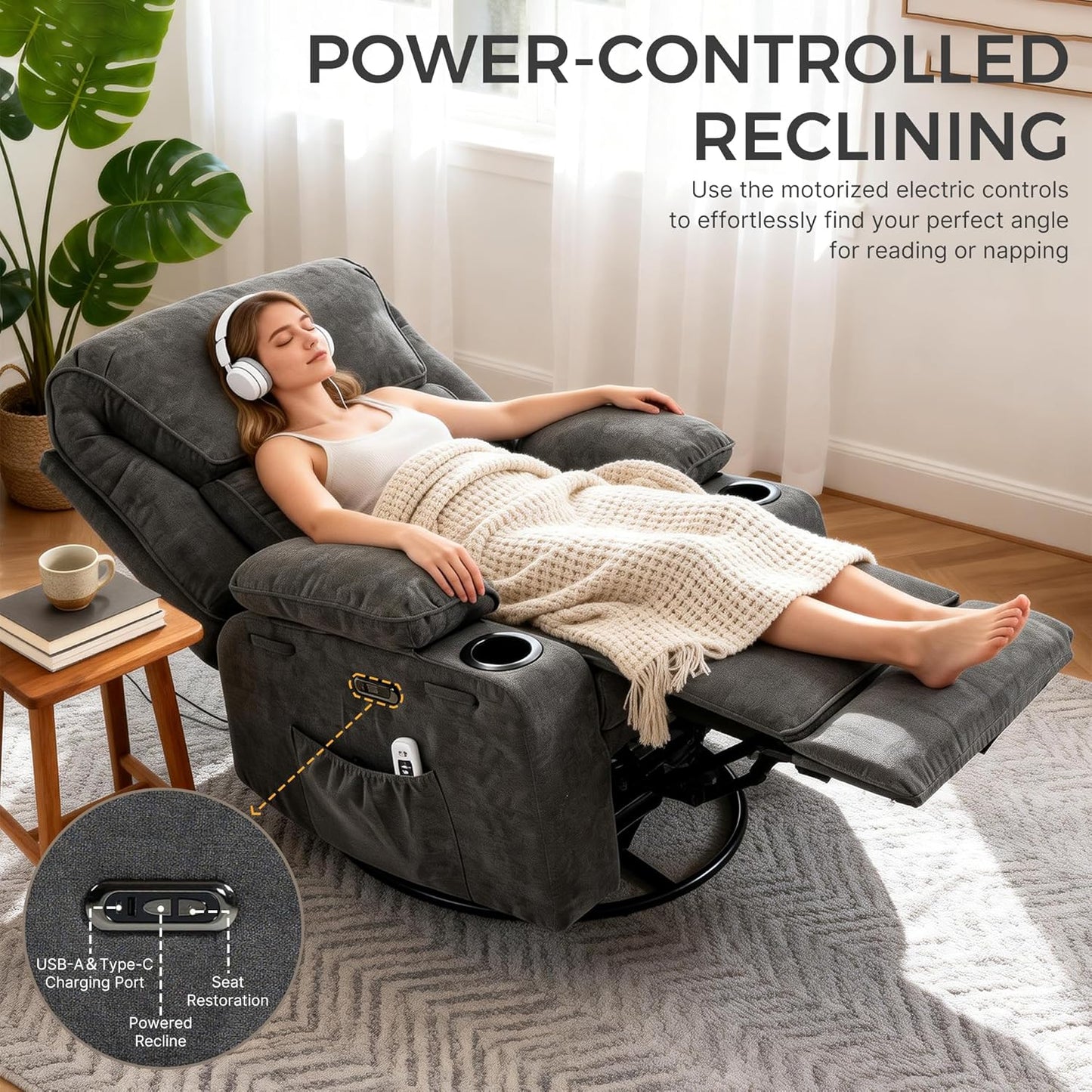 Recliner Chair Power Control, Nursery Reclining & Rocking Chair and Glider, Massage Swivel Living Room Furniture for Small Spaces, Bedroom, RVS, Lounge Sofa Chairs with USB & Type C Ports, Light Gray