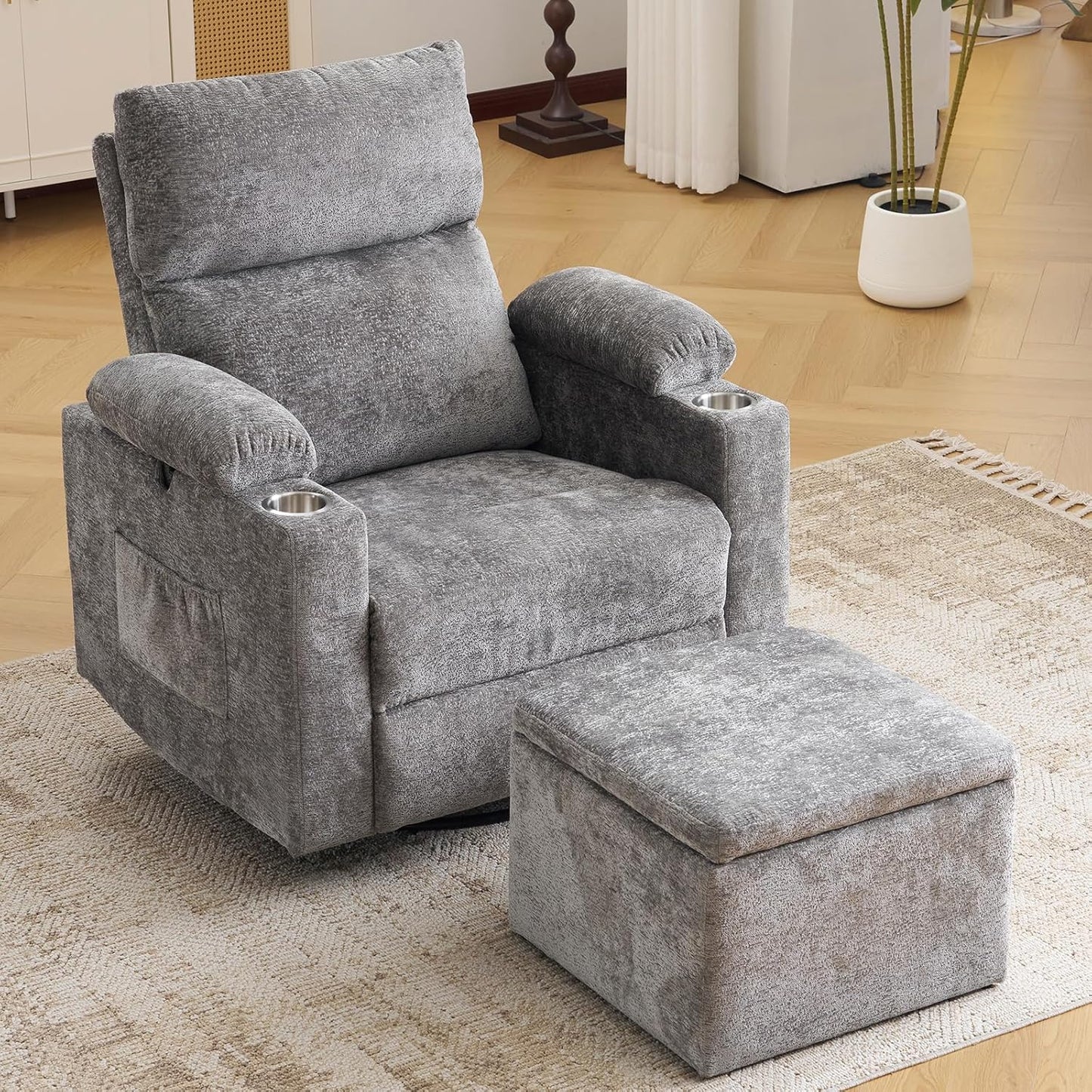 Rocking Chair Nursery with Adjustable Armrests, Electric Glider Recliner Nursing Chair for Breastfeeding, Power Swivel Recliner Chairs with Massage and Heat, Adjustable Headrest , FSC Certified, White