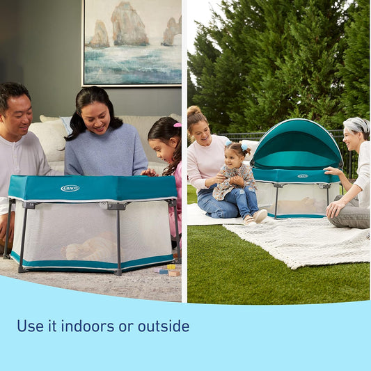Graco® Lite Traveler 4 in 1 Playard with 4 Modes, Bedside Bassinet, Toddler Playpen, Free Play and Slumber Tent Mode, Lightweight Portable Playard with Canopy and Carry Bag