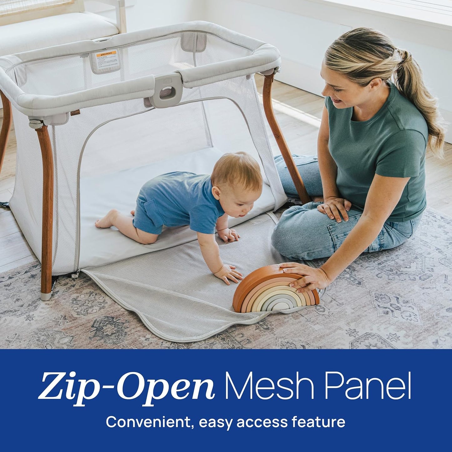 Chicco Alfa Lite Nest Lightweight Travel Playard with Zip-On Bassinet, Portable Baby Crib & Play Yard, Easy Setup, Waterproof Mattress, Includes Carry Bag, Serene/Beige