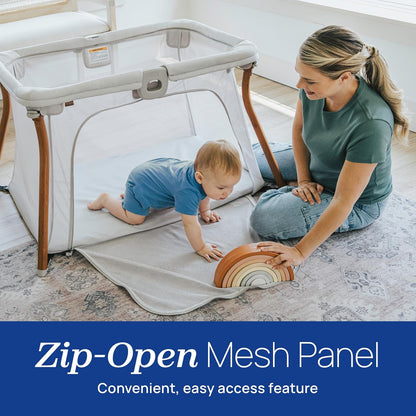 Chicco Alfa Lite Nest Lightweight Travel Playard with Zip-On Bassinet, Portable Baby Crib & Play Yard, Easy Setup, Waterproof Mattress, Includes Carry Bag, Serene/Beige