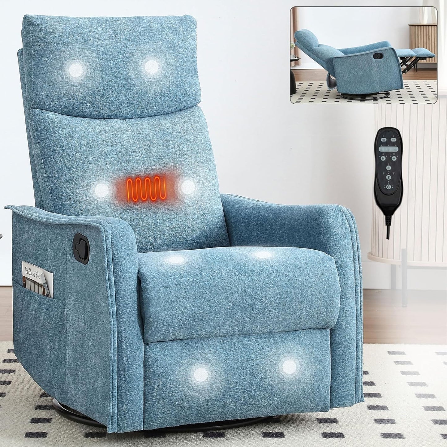 Massage Chair Recliner with Heat, Swivel Rocking Chair Recliner with High Back, Manual Nursery Recliners for Adults,Small Recliner Chair for Small Spaces, Living Room Bedroom, Fabric (Blue Green)
