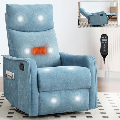 Massage Chair Recliner with Heat, Swivel Rocking Chair Recliner with High Back, Manual Nursery Recliners for Adults,Small Recliner Chair for Small Spaces, Living Room Bedroom, Fabric (Blue Green)