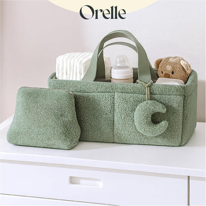 Orelle Bouclé Diaper Caddy Organizer with Matching Pouch & Moon Pendant | Teddy Portable Changing Table Organizer | Must-Have Baby Shower Gifts | Cream