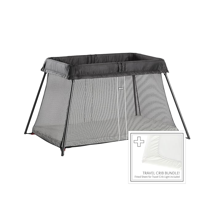 BabyBjörn Travel Crib Light + Fitted Sheet Bundle Pack, Black, One Size (640001US)