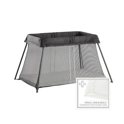 BabyBjörn Travel Crib Light + Fitted Sheet Bundle Pack, Black, One Size (640001US)