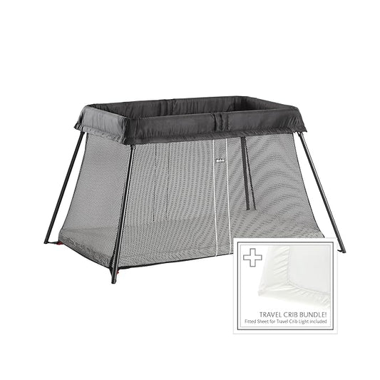 BabyBjörn Travel Crib Light + Fitted Sheet Bundle Pack, Black, One Size (640001US)