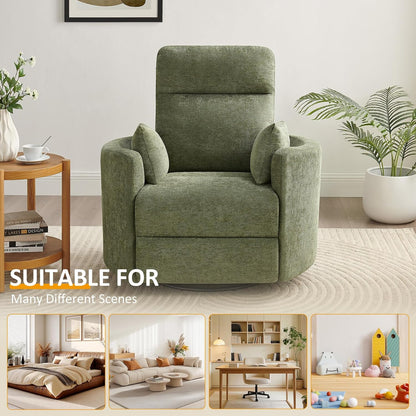 Nursery Rocking Chair, Oversized 360° Swivel Glider Recliner Chair, Upholstered Nursery Rocker with 2 Pillows and Footrest, Cozy Reclining Sofa for Living Room, Bedroom, Nursing, Olive