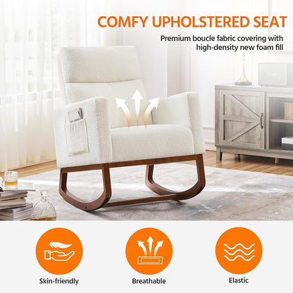 Yaheetech Upholstered Rocking Chair, Boucle Glider Chair Nursery Chair with High Back and Side Pocket, Rocking Accent Armchair with Rubber Wood Legs for Living Room/Bedroom/Nursery, Ivory