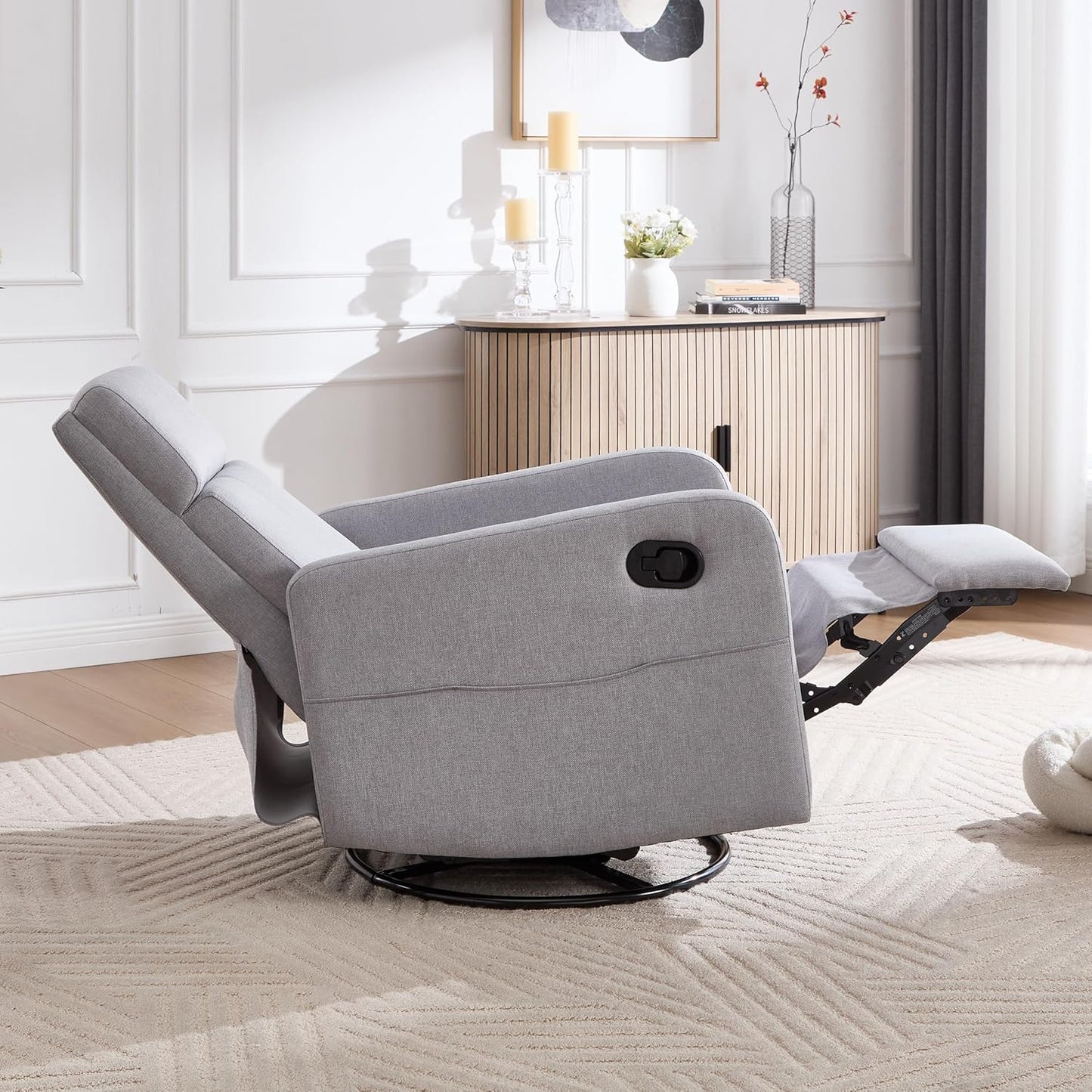 Ketaiyou Swivel Rocking Recliner Chair for Adults, Rocker Nursery Glider Chair for Living Room Bedroom, Upholstered Fabric Reclining Single Sofa Chair(Light Grey)
