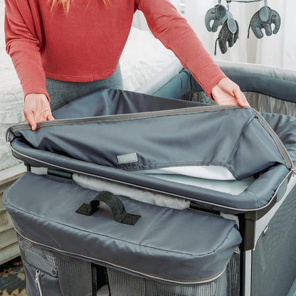 Chicco Lullaby Zip All-in-One Portable Playard, Infant Bassinet and Changer, Electronic Toy Bar, Toddler Playard, Travel Friendly | Driftwood/Grey