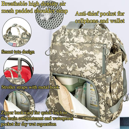 Diaper Bag Backpack for Dad and Mom with USB Charging Port Stroller Straps and Insulated Pocket,army military Travel Nappy Backpack for Daddy/Mommy (Camo)