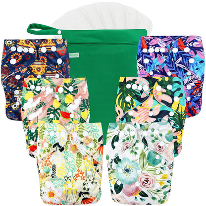 wegreeco Cloth Diapers 6 Pack with 6 Inserts & 1 Wet Bag, Washable Cloth Diapers for Babies, One Size Adjustable Reusable (Flower)