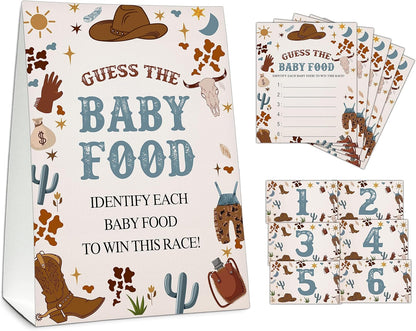Guess the Baby Food Party Games, Baby Shower Game Set, 1 Standing Sign + 25 Answer Cards + 6 Number Cards, Boho Wild West Gender Reveal Party Decoration Supplies -B05