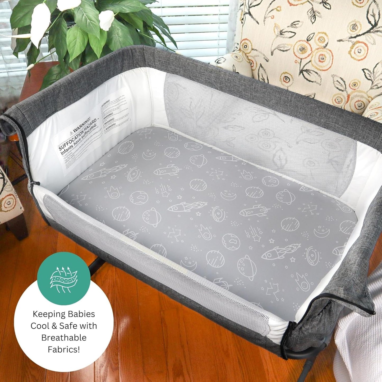 Bassinet Sheets for Papablic, CoZee, Cowiewie, Ezebaby, Nawahev Baby Bassinet Bedside Sleeper by TansyPanda, 3PC, 33x20, Ultra Soft, Breathable Snug Fit, Unisex Boys Girls, Gray White (Space Rockets)
