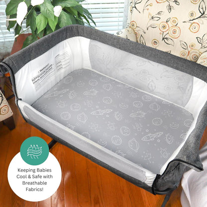 Bassinet Sheets for Papablic, CoZee, Cowiewie, Ezebaby, Nawahev Baby Bassinet Bedside Sleeper by TansyPanda, 3PC, 33x20, Ultra Soft, Breathable Snug Fit, Unisex Boys Girls, Gray White (Space Rockets)