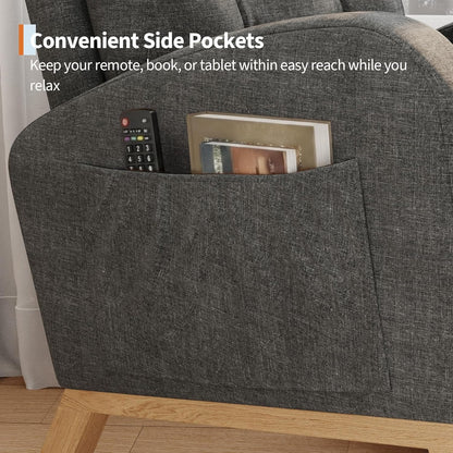 Modern Rocking Chair for Living Room, Comfortable Recliner Rocker with Side Pocket, Soft Linen Upholstered Glider Chair for Bedroom, Nursery, Lounge-Grey